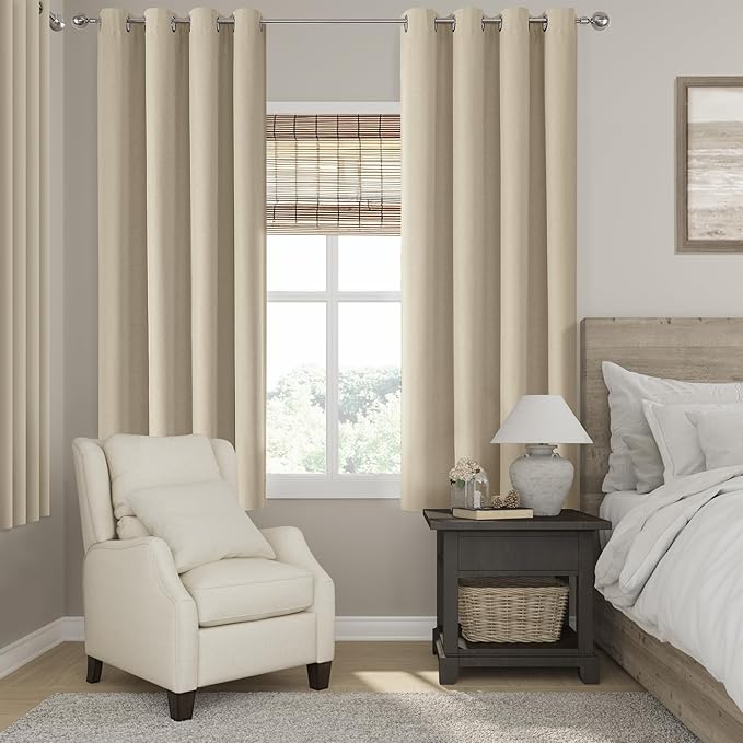 ChrisDowa 100% Blackout Natural Solid Solid Curtains 63 Inches Long 2 Panels for Bedroom Living Room,Farmhouse Room Darkening Thermal Insulated Soundproof Grommet Top Window Treatment Drapes,52x63