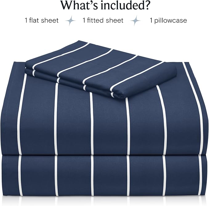LuxClub 3 PC Twin Sheet Set, Deep Pockets Wrinkle Free Cooling Bed Sheets Hotel Bedding for Women, Men, Kids & Teens, Includes 1 Fitted Sheet, 1 Flat Sheet and 1 Pillowcase-Striped - Navy