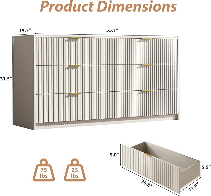 6 Drawer Dresser for Bedroom, 55" Wide Modern Chest of Drawers with Gold Metal Handles, Fluted Wood TV Stand for Living Room, Hallway(Beige)