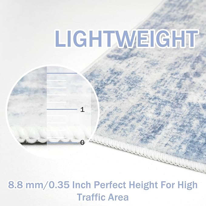 IOHOUZE Abstract Runner Rug 2x8 Ft Washable Runners for Hallways, Non Slip Kitchen Runner Printed Faux Wool Entryway Runner Indoor, Modern Floor Carpet for Hall Kitchen Bedroom, Light Blue White