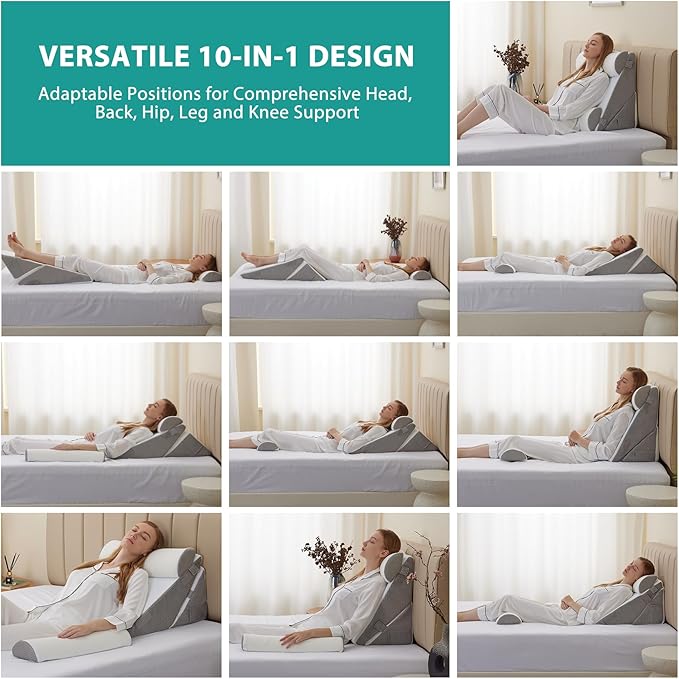 Bedluxe Adjustable 4pcs Bed Wedge Pillow Set, Memory Foam Wedge Pillows Post Surgery for Back, Neck, Leg Pain Relief, Pillow Wedge for Sleeping, Sitting up in Bed, Acid Reflux and GERD, White/Grey