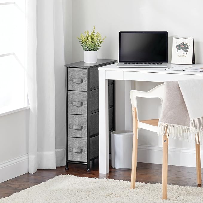 mDesign Narrow Dresser Storage Tower Stand with 4 Removable Fabric Drawers - Steel Frame, Wood Top Organizer for Bedroom, Entryway, Closet - Lido Collection - Charcoal Gray