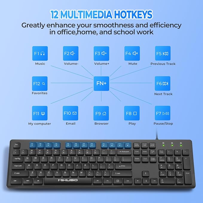 Wired Computers Keyboard with Cover Comfortable Hand Feel,Laser Engraved Characters,12 Multimedia Keys USB Interface Suitable for Laptop PC,Full Size 104 Keyboards, Plug and Play, Office