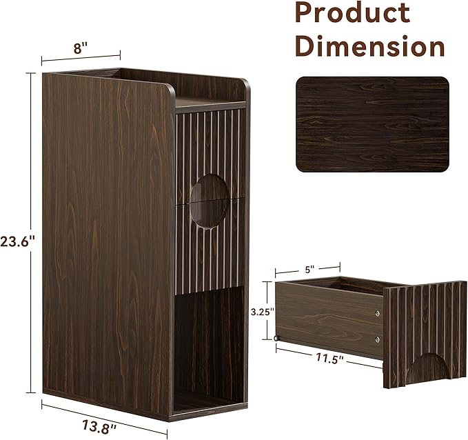 Narrow Nightstand Set of 2, Wood 2 Drawer Narrow Nightstand, Skinny Night Stand with Open Storage, Mid Century Modern Slim Bedside Table for Bedroom, Walnut