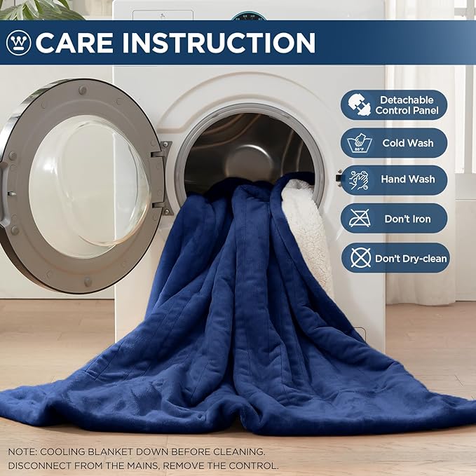 Westinghouse Heated Throw Blanket, Electric Blanket Throw with 6 Heating Levels and 2-10 Hours Time Settings, Flannel to Sherpa Super Cozy Heated Blanket Machine Washable, 50x60 inch, Navy