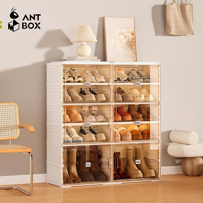 ANTBOX Foldable Shoe Rack Cabinet with Clear Doors, Extra Large Shoe Organizer for Entryway & Closet, Portable Dust-Free Storage Shelf Holds 32 Pairs (X-Large 32 Pairs)