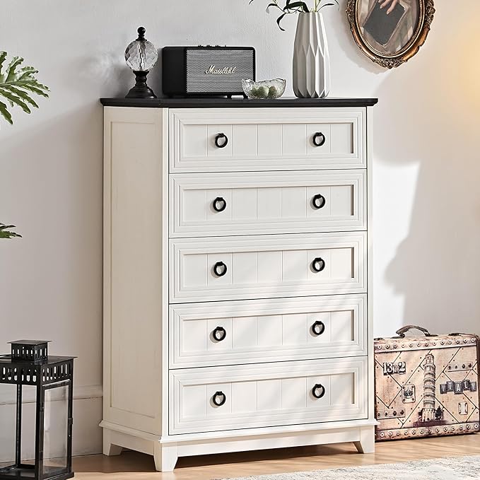 Farmhouse 5 Drawer Dresser for Bedroom, 42" Tall Small Dressers & Chest of Drawers, Rustic Wood Dresser with Metal Handle, Storage Organizer Closet for Living Room, Hallway, Entryway