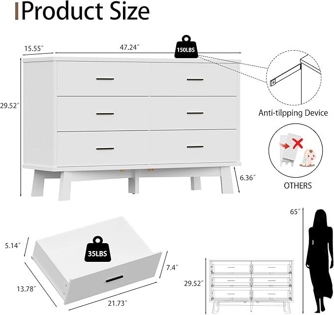 Dresser for Bedroom, 6 Drawer Wide Modern Chest of Drawers with X-Shaped Sturdy Base, Wood Double Dresser Closet Clothes Storage Organizer, Wooden TV Stand for Living Room, Hallway, White