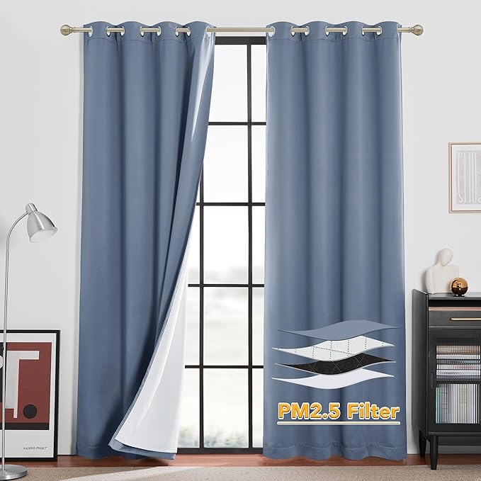 RYB HOME Soundproof & Dust Particle Filtering Curtains Blackout Window Treatment for Bedroom Living Room Divider Nursery Daytime Sleeping Patio Door, Stone Blue, W52 x L 108 inch, 2 Panels