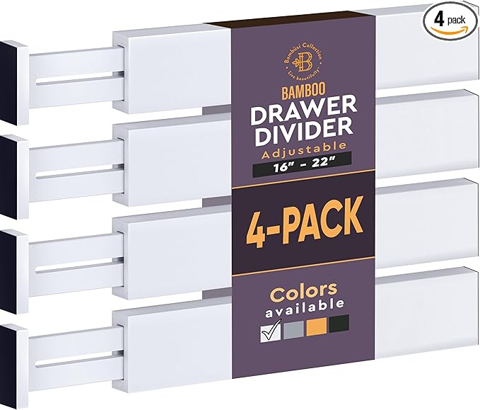 Bambüsi 4 Pack Drawer Dividers - 2.6" High, 16-22" Adjustable Bamboo Drawer Organizers for Clothes, Expandable Dresser Separators in Bedroom/Bathroom/Kitchen/Office Organization and Storage (White)