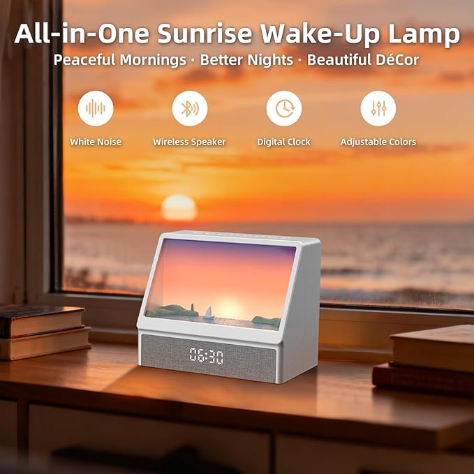Ocean Sunrise Alarm Clock Wake Up Light, 6 Nature Scenes, White Noise, Sunset Simulation, Sleep Aid Night Light for Bedroom, Kids and Adults