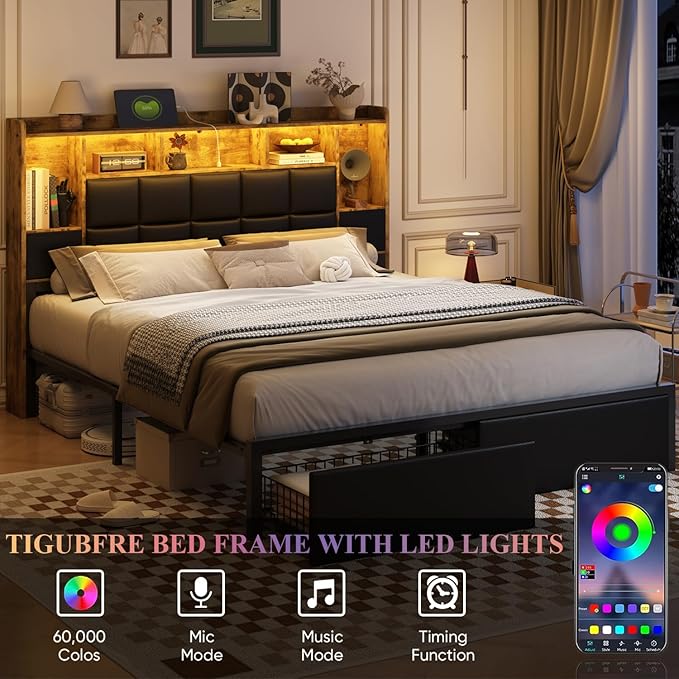 LED Bed Frame Queen Size with 2 Hidden Storage Drawers & Bookcase, PU Leather Headboard, Upholstered Platform Bed with Charging Station, Metal Slats Support, Noise Free, No Box Spring Needed