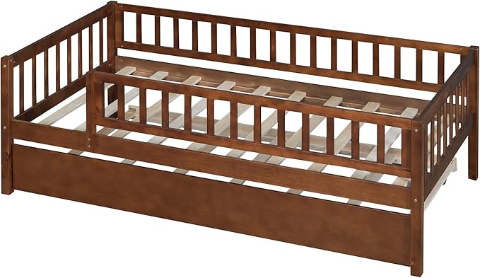 Bellemave Twin Bed Frames with Rails for Kids, Twin daybed Frame with Trundle for Boys/Girls/Adults， Walnut