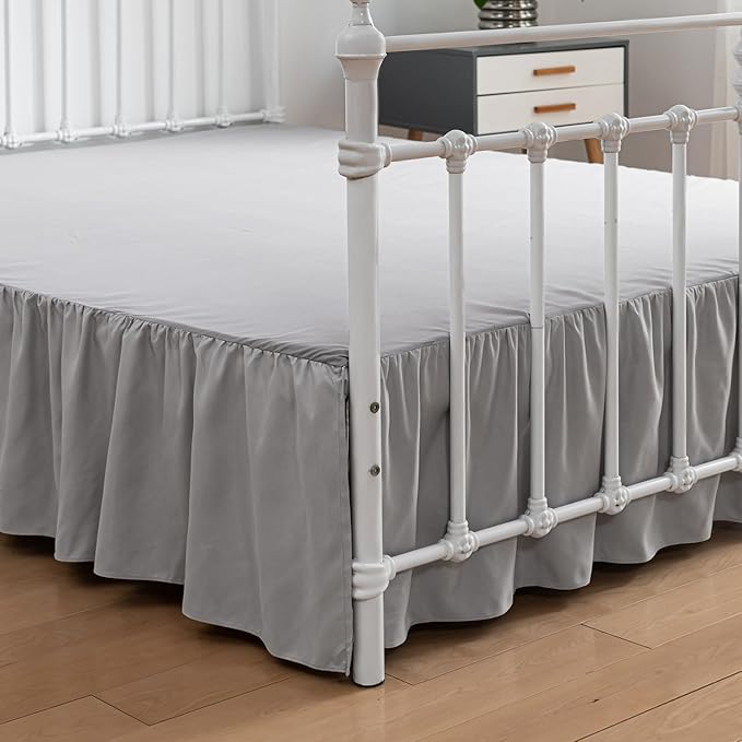 Bed Skirt Twin Size Ruffled Bed Skirt with Split Corners, 12 Inch Drop Dust Ruffle Bed Skirt with Platform, Light Gray