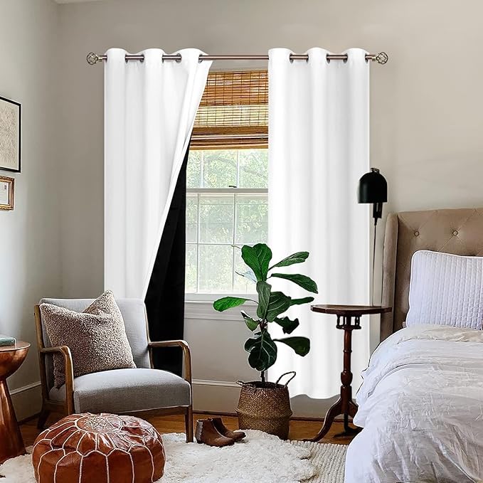 BGment Thermal Insulated 100% Blackout Curtains for Bedroom with Black Liner, Double Layer Full Room Darkening Noise Reducing Grommet Curtain (38 x 84 Inch, Pure White, 2 Panels)