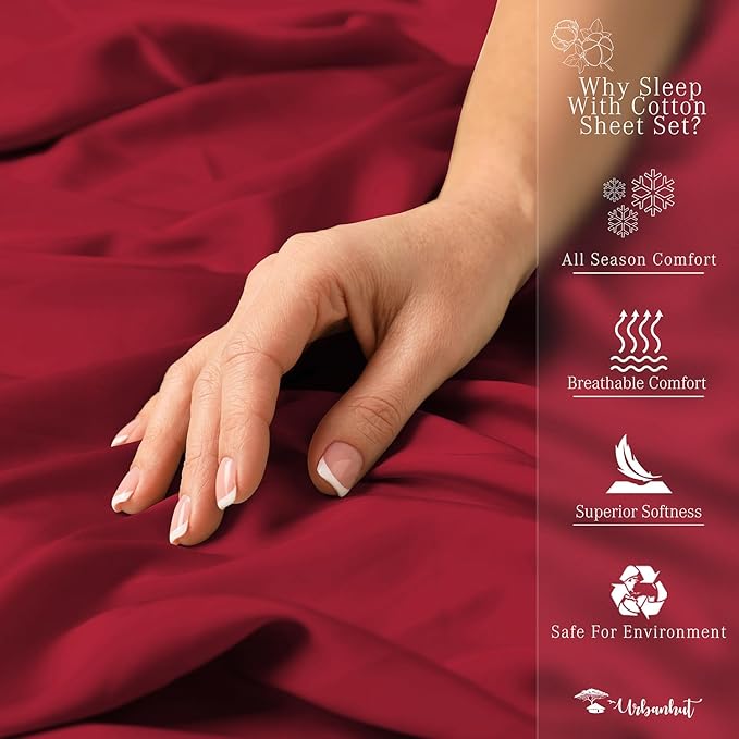 URBANHUT 800 Thread Count 100% Cotton Twin Size Sheets, Luxury 4 Piece Twin Bedsheets, Hotel Sheets Sateen Finish - Better Than Egyptian, 14" Elasticized Deep Pocket - Burgundy