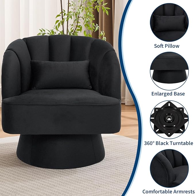 GarveeHome Modern Swivel Barrel Accent Chair, 360 Degree Velvet Upholstered Armchair with Striped Backrest & Plush Padding, Comfy Round Lounge Chair for Living Room, Bedroom, Reading Nook, Black
