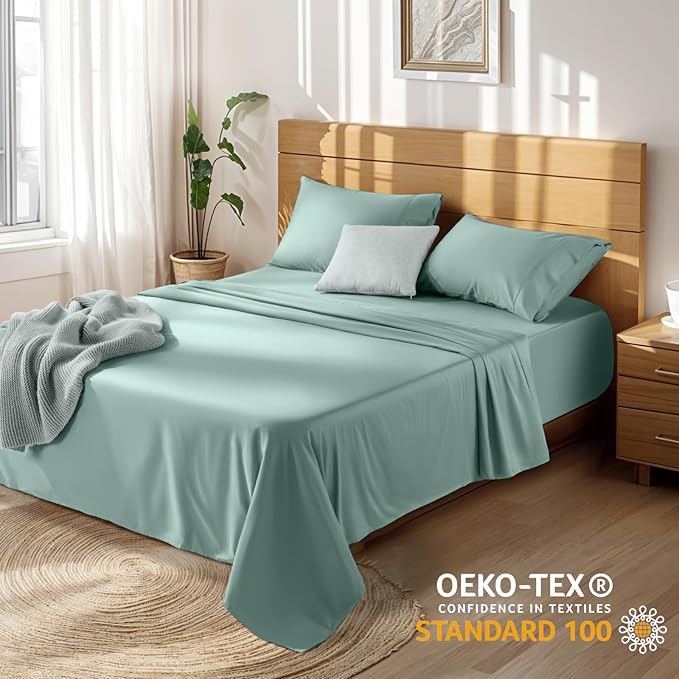 LBRO2M 100% Cotton Sheets Set Deep Pocket 19", 1000 Thread Count California King Size 4 Piece Bed Sheet Sets Soft Comfortable Bedding All Season (California King, Sage Green)