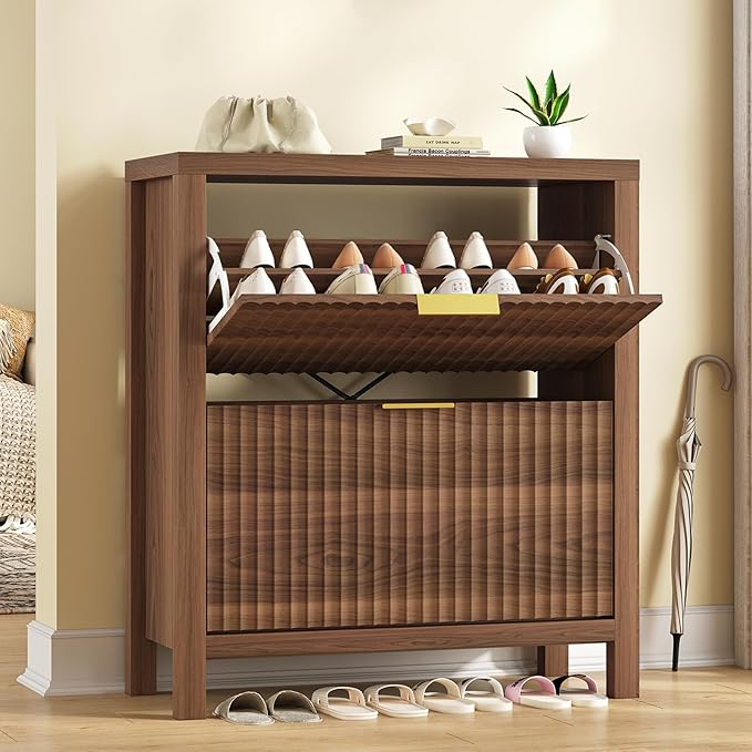 Shoe Cabinet Storage for Entryway, Fluted Shoe Cabinet with 2 Flip Drawers, Hidden Shoe Rack Tall Freestanding Shoe Organizer with Legs for Hallway, Walnut