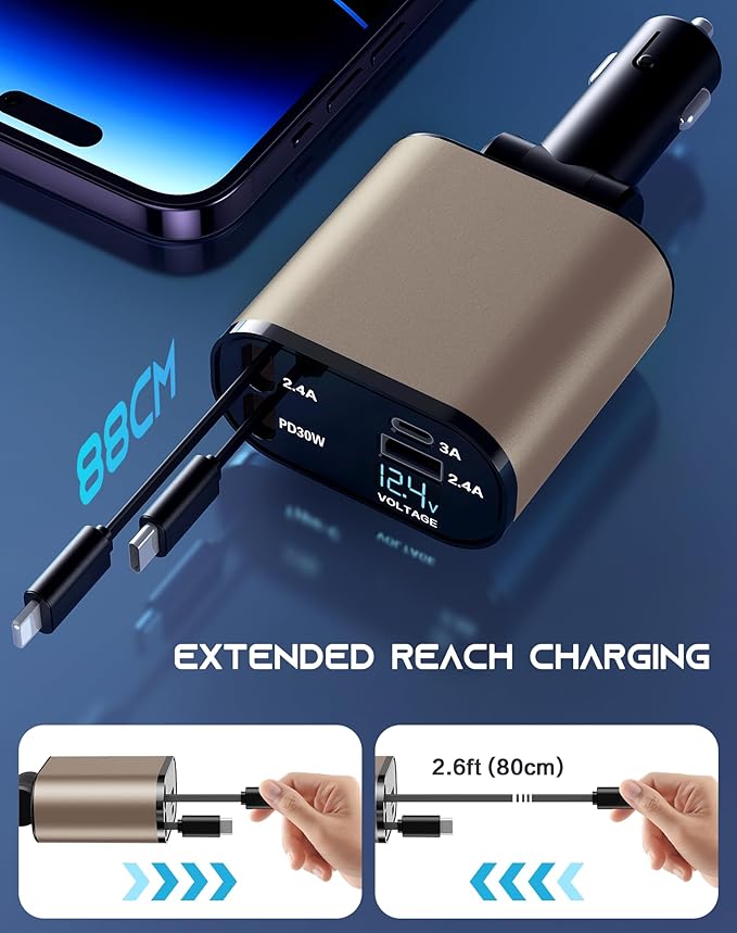 Retractable Car Phone Charger, 4 in 1 Fast Charge Car Phone Charger with 2 Retractable Cables(2.6ft) and 2 USB Ports, Compatible with iPhone15/14/15 Pro Max,Samsung (Gold)