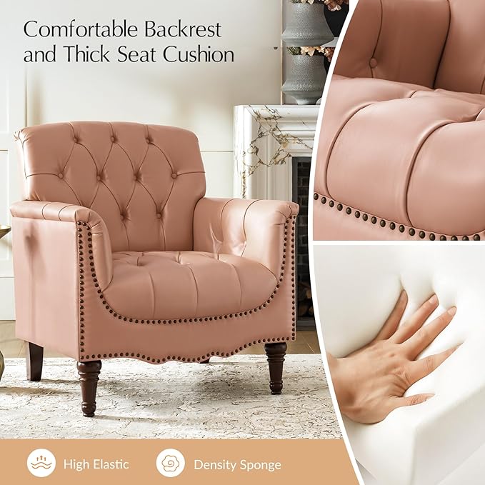 HULALA HOME Mid Century Modern Leather Club Chairs, Top-Grain Genuine Leather Armchairs with Button-Tufted Back & Solid Wood Legs, Accent Chairs for Living Room/Bedroom/Home Office, Pink