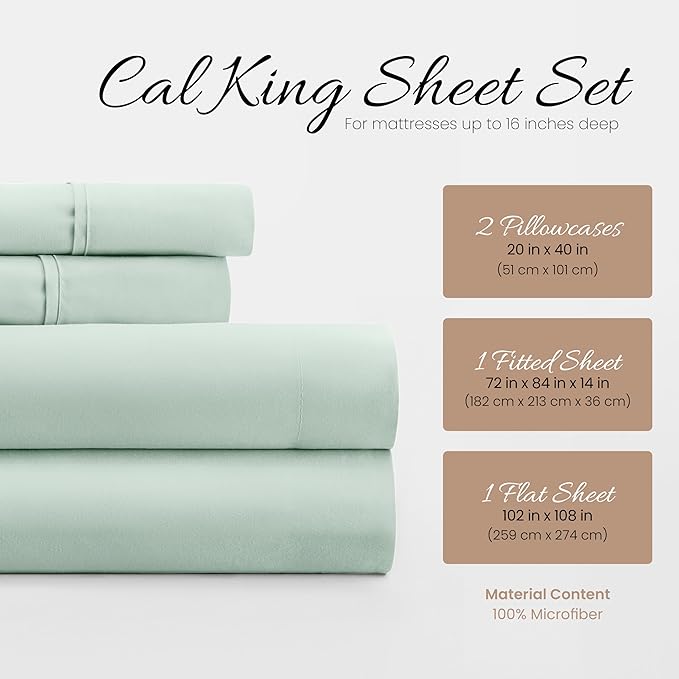 Linen Market Bed Sheets for California King Size Bed (Mint) - Sleep Better Than Ever with These Soft and Cooling California King Sheets - Deep Pocket Fits 16" Thick Beds - 4 Piece Cal King Sheet Set