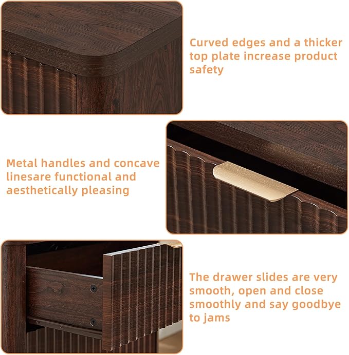 LEYAOYAO Fluted Nightstand with Charging Station, 23" Wide 3 Drawers Night Stand,Walnut End Table with Open Storage,Farmhouse Bed Side Tables, Wood Dresser for Bedroom, Living Room, Closet