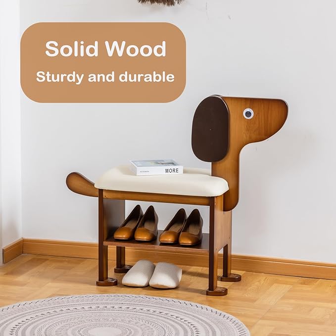 Shoe Bench with Cushion, 2-Tier Dog Entryway Bench Cute, Wood Shoe Rack Bench,19.69 inches
