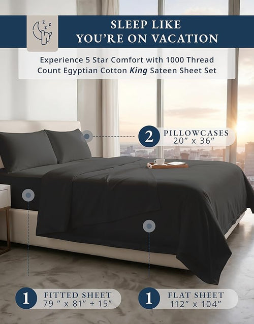 100% Egyptian Cotton Bed Sheets King Size – 1000 Thread Count Naturally Breathable Sheets, 15" Deep Pocket King Sheets, Silky Sateen Weave, Buttery Soft Durable Hotel-Quality Luxury Bedding - Black