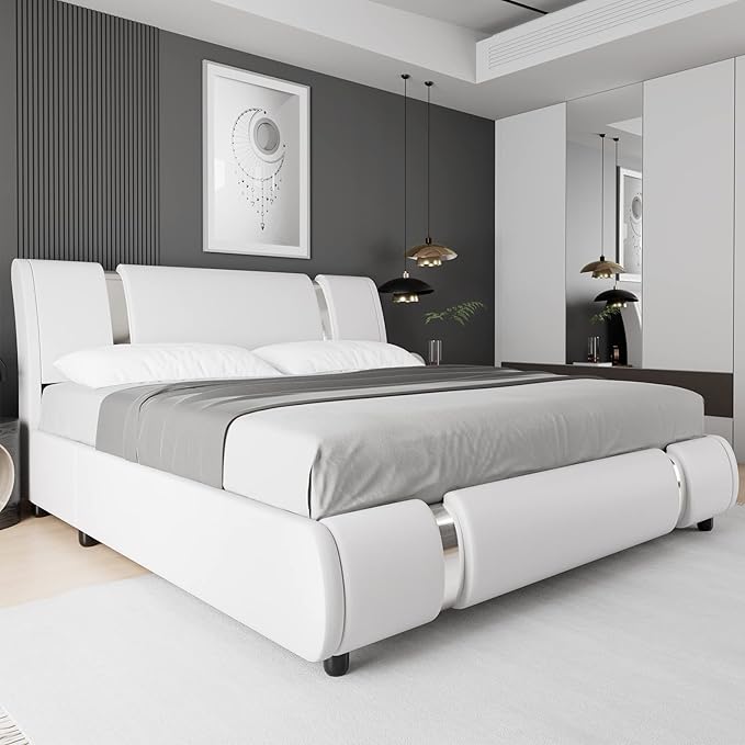 TTVIEW Modern Faux Leather Upholstered Platform Bed Frame with Iron Metal Decor, Adjustable Curved Headboard, Wooden Slats Support, No Box Spring Needed, Queen Size, White