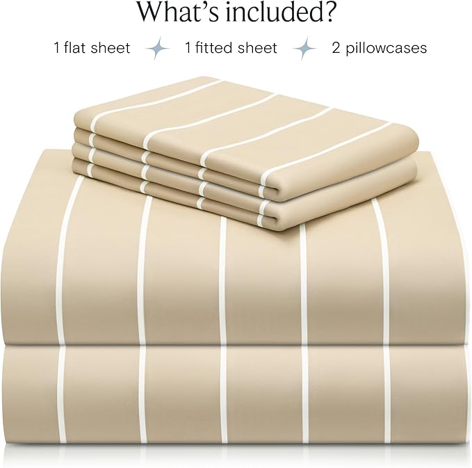 LuxClub 4 PC Queen Sheet Set, Deep Pockets Wrinkle Free Cooling Bed Sheets Hotel Bedding for Women, Men, Includes 1 Fitted Sheet, 1 Flat Sheet and 2 Pillowcases-Striped - Cream