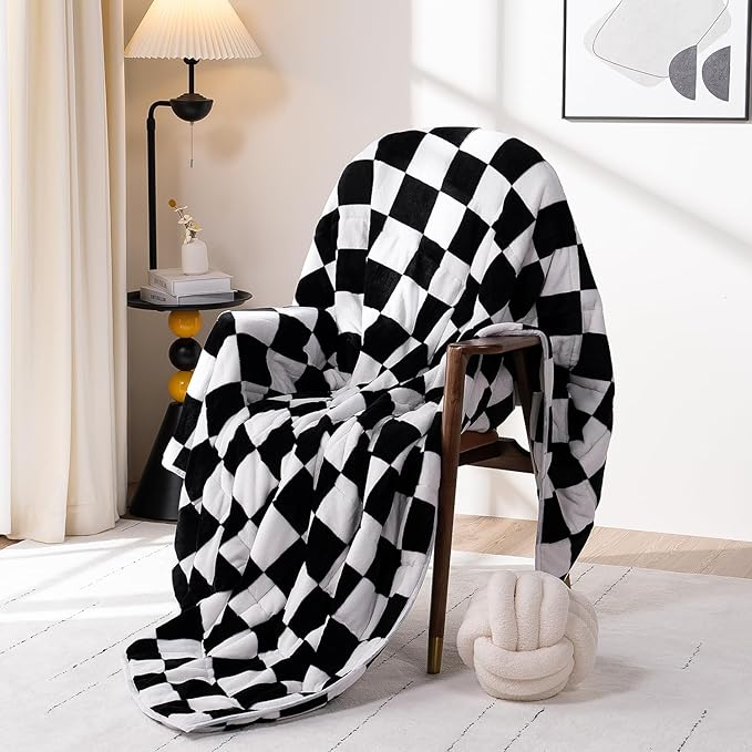 Wemore Flannel Fleece Weighted Blanket for Adult Queen Size 20 lbs, Dual Sided Luxurious Checkerboard Grid Heavy Blankets, Ultra Soft Throw Blanket, Plaid Black, 60 x 80 inches