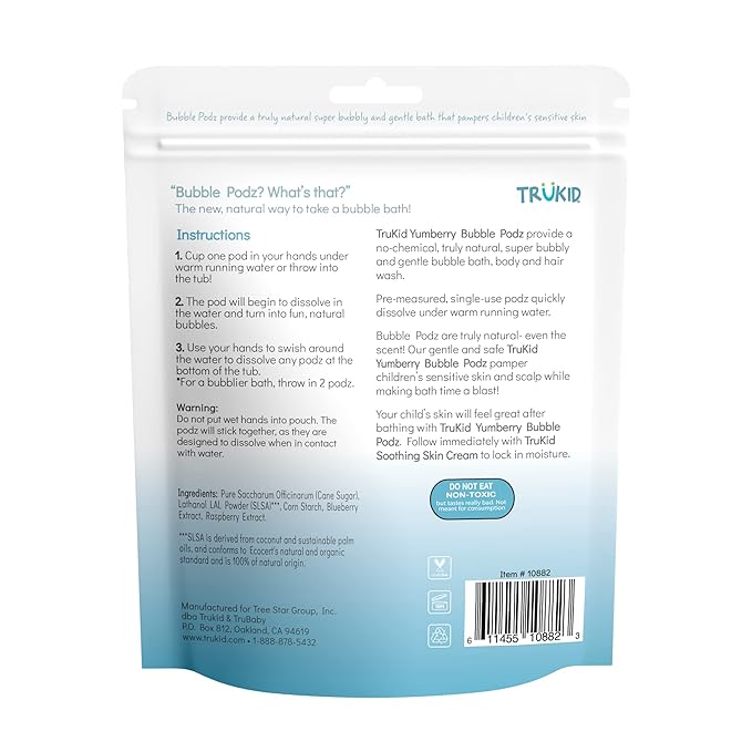 TruKid Bubble Podz Bubble Bath for Kids, Toddlers, & Babies, Tear Free Gentle & Refreshing Bath Bomb for Sensitive Skin with Natural Moisturizers, Non-Toxic, pH Balanced, Yumberry Scent (24 Podz)