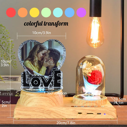 Crystal Print with Your Photo, Heart-Shaped Love Photo Custom Night Light Personalized Lamp with Bluetooth Rose Audio, Crystal Photo Frame Best Gift for Couple Love Women Men Wedding Christmas