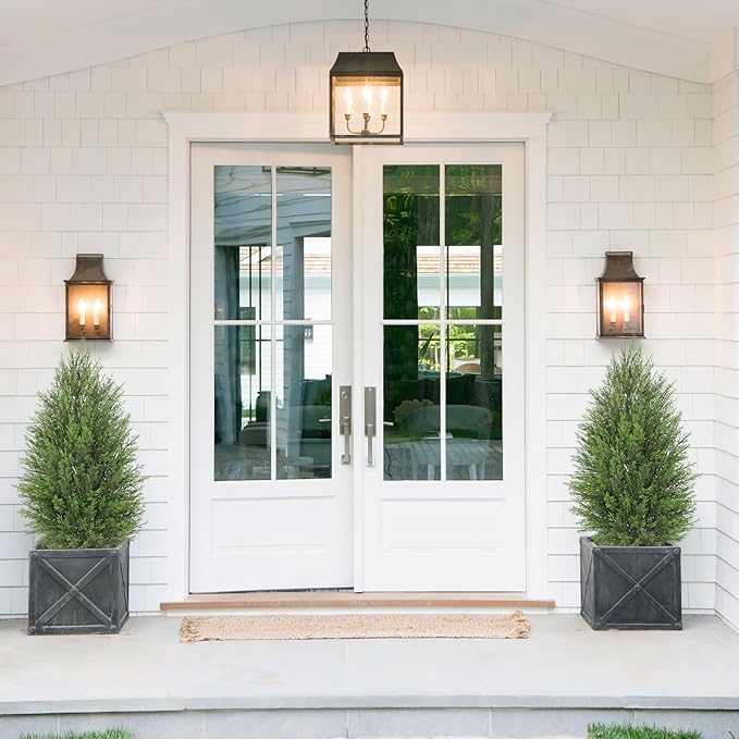 Briful 2PCS 3ft Artificial Cedar Topiary Trees in White Planter – Compact Faux Evergreen Potted Plants with Dense Realistic Layered Leaves, Lifelike Fake Cypress Trees for Home, Office, Patio, Porch