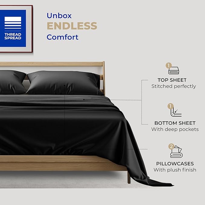 THREAD SPREAD 100% Cotton Bed Sheets Queen Set - 400 Thread Count Cotton Queen Sheets Only, 4 PC Set (Coal Black), Soft, Breathable, Cooling, Sateen Weave 16" Deep Pocket Bedsheet for Hot Sleepers