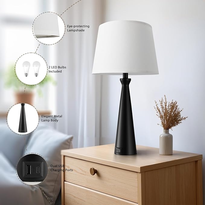 Seealle Single Modern Table Lamp - Touch Bedside Lamp for Nightstand with USB Dual C+A,3-Way Dimmable Black Nightstand Lamp for Living Room Bedroom End Table(Bulb Included)