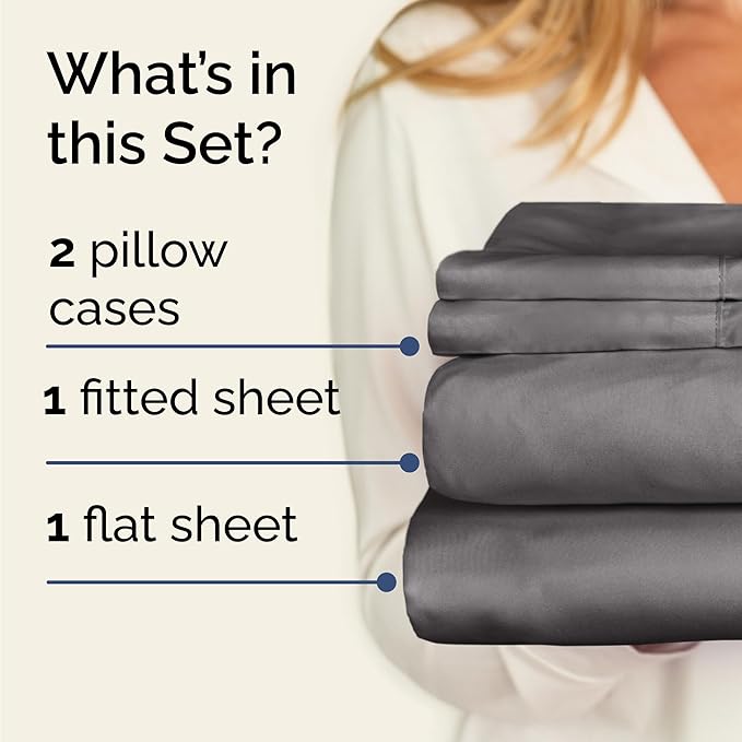 Twin 4 Piece Sheet Set - Cooling, Comfy & Breathable - Hotel Luxury Bedding, Includes Fitted Sheet for Women, Men, Kids & Teens - 1 Flat, 1 Fitted Sheet, 2 Pillowcases with Deep Pockets - Dark Grey