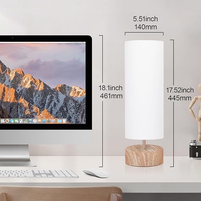 Touch Table Lamp with Metal Base Covered with Wood Grain, 3 Way Dimmable Bedside Nightstand Lamp with White Shade, Simple Night Light for Bedroom Living Room Home Office, LED Bulb Included