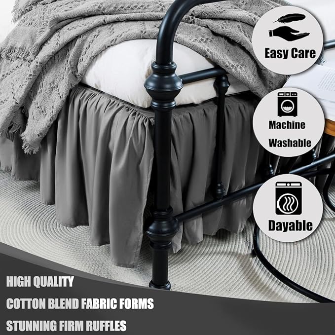 Grey Bed Skirt Twin Size Ruffled Bed Skirt with Split Corners, 14 Inch Drop Dust Ruffle Bed Skirts with Platform, Grey