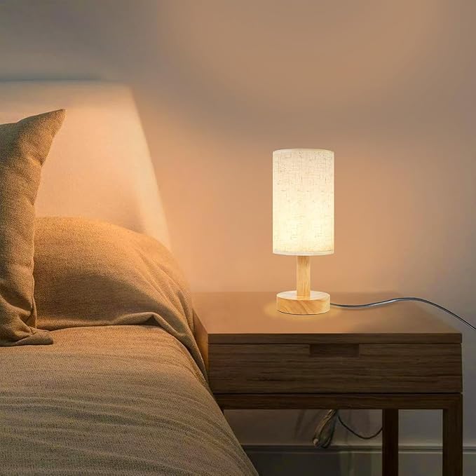 Small Bedside Table Lamps for Bedroom Set of 2,Natural Round Wood Base&Fabric Linen Shade,Cozy Night Light for Study Reading,Minimalist Boho Desk Lamp for Nightstand,Living Room,Nursery,Kitchen,Dorm