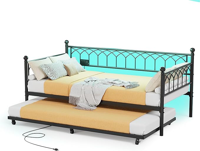 GarveeHome Daybed with Trundle, Metal Twin Trundle Bed with Charging Station & LED Lights, Sofa Beds Frame with Pull Out Bed for Living Room, Guest Room, Apartment, Small Spaces, Black