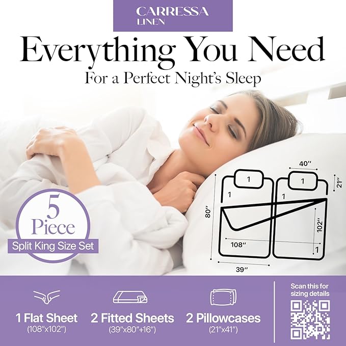 Carressa Linen 100% Egyptian Cotton Split King Size Sheet Set - 5 PC 600 Thread Count Sheets Set for Split King Bed (Navy Blue), Soft, Cooling, Luxury Hotel 16" Deep Pocket Sateen Bedsheet