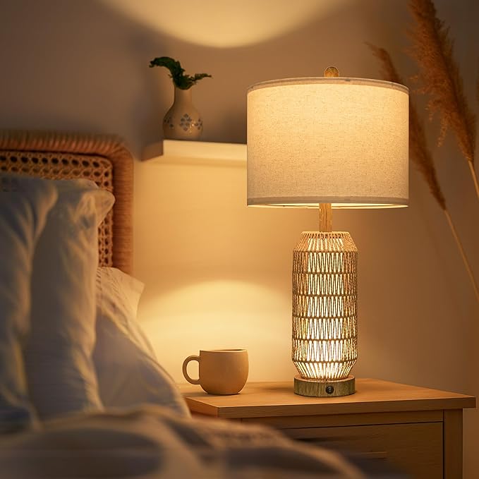 OYEARS 25" Table Lamps Set of 2 with Night Light,Bedside Lamps for Bedroom,Boho Lamps with USB C+A Charging Ports,Farmhouse Table Lamp with Rattan,Frosted Glass,Linen Shade (Wood Grain,Bulb Included)
