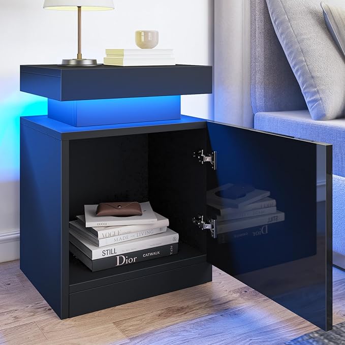 MXV Nightstand Set of 2 with LED Lights,Night Stand with Storage Cabinet for Bedroom,Bedside Table with LED (Black, 17.7IN)
