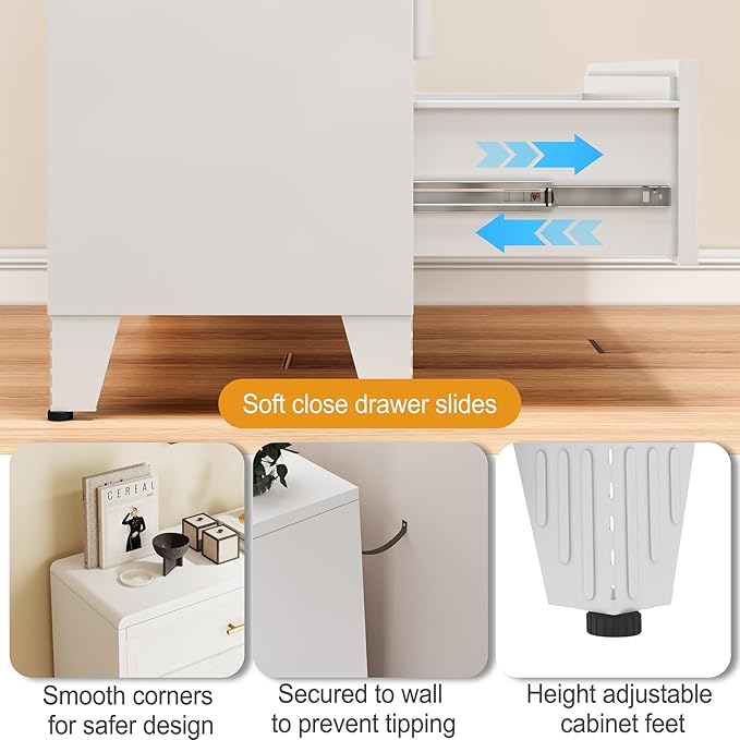 5 Drawer Dresser, Metal Tall Dresser for Bedroom, White Bedroom Dressers with Drawers, Curved Corner Design Dressers & Chest of Drawers, Storage Cabinet for Hallway, Entryway (White)