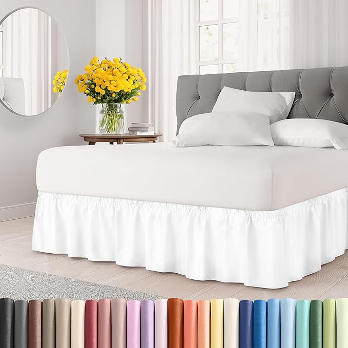 Wrap Around Dust Ruffle Bed Skirt - White - for King Size Beds with 12 Inch Drop - Easy Fit Elastic Strap - Adjustable Pleated Bedskirt w/Brushed Fabric - Wrinkle Free - for Women, Men, Kids & Teens