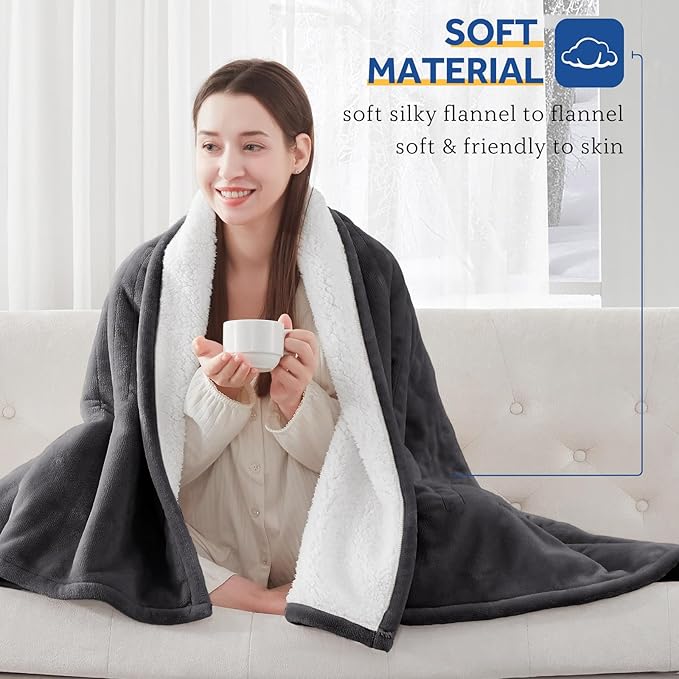 SEALY Heated Electric Blanket Full Size, Flannel & Sherpa Heating Blanket with with 10 Heating Levels & 1-12 Hours Auto Shut Off, Fast Heating Blanket, Machine Washable, Grey, 80 x 84 Inch