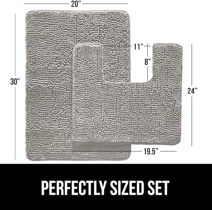 GORILLA GRIP Bathroom Rug Sets, Soft Chenille 2 Piece Area Rugs Set, Toilet Base Mat and 30x20 Carpet, Absorbent Microfiber Washable Mats Dry Quickly, Home Décor and Bath Room Accessories, Light Gray