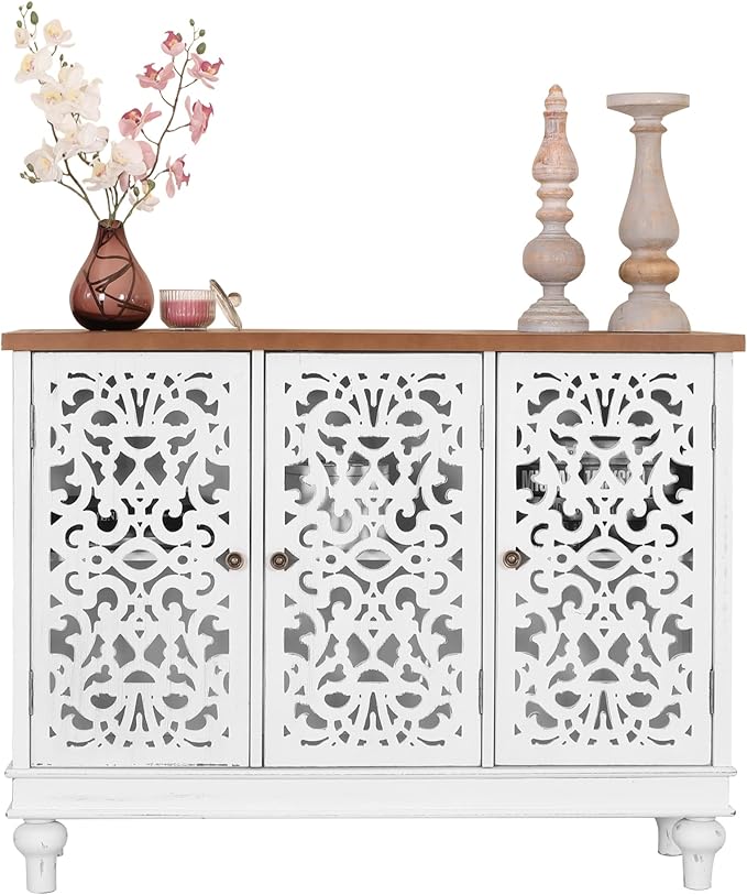 PHI VILLA White Accent Cabinet with Doors, Farmhouse Credenza Cabinets for Living Room, Sideboard Buffet Cabinet with Storage
